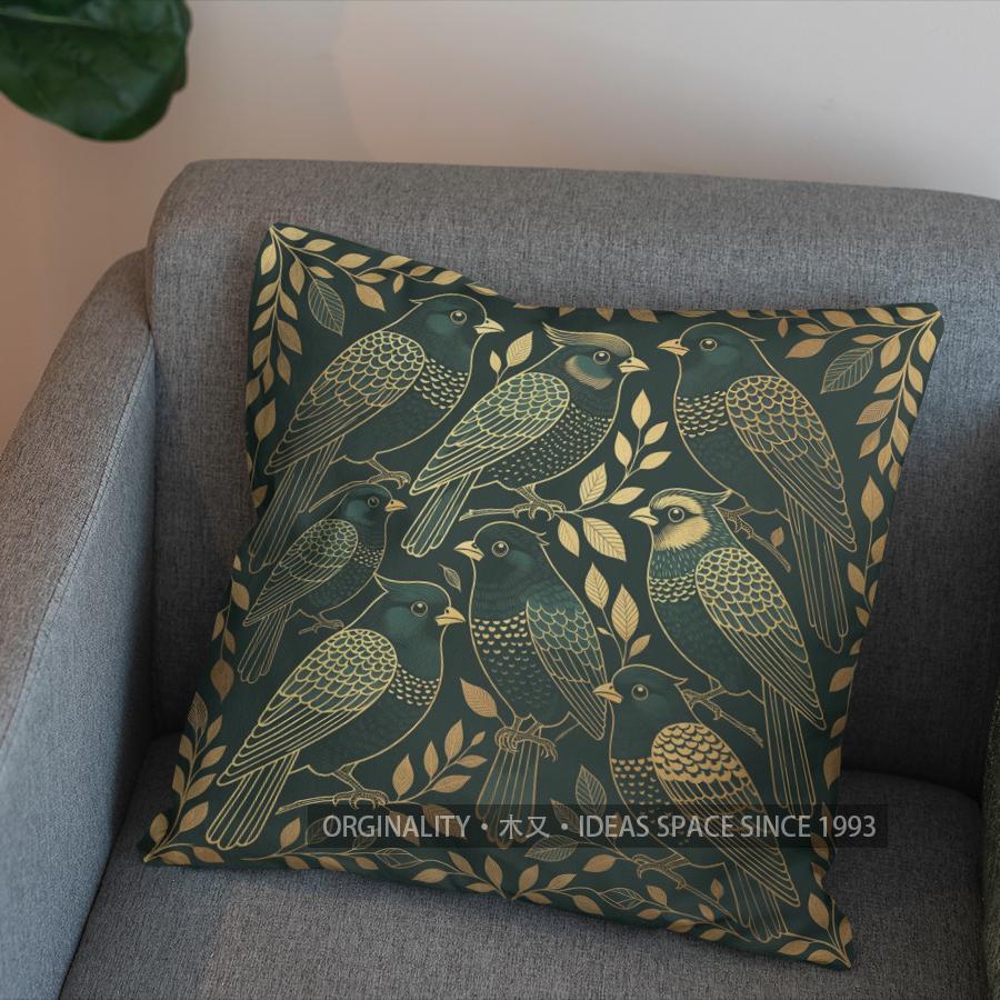 2D Exquisite Green Birds And Leaves Throw Pillow Pattern Cushion Cover Suitable For Sofa Bedroom Car Pillow Cover