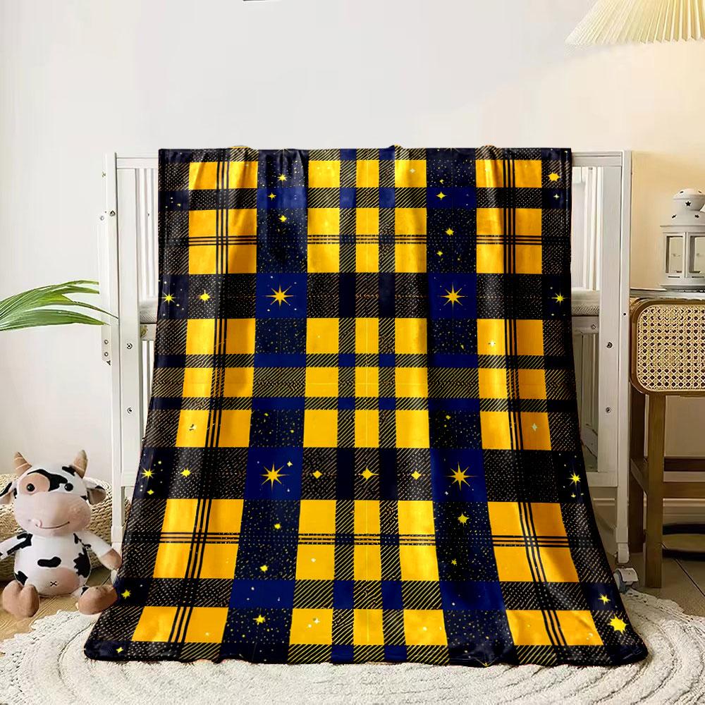 Plaid Pattern In Yellow and Blue, Combined with Starry Night Motifs. for All Seasons Blanket Lunch Break Throw Gift
