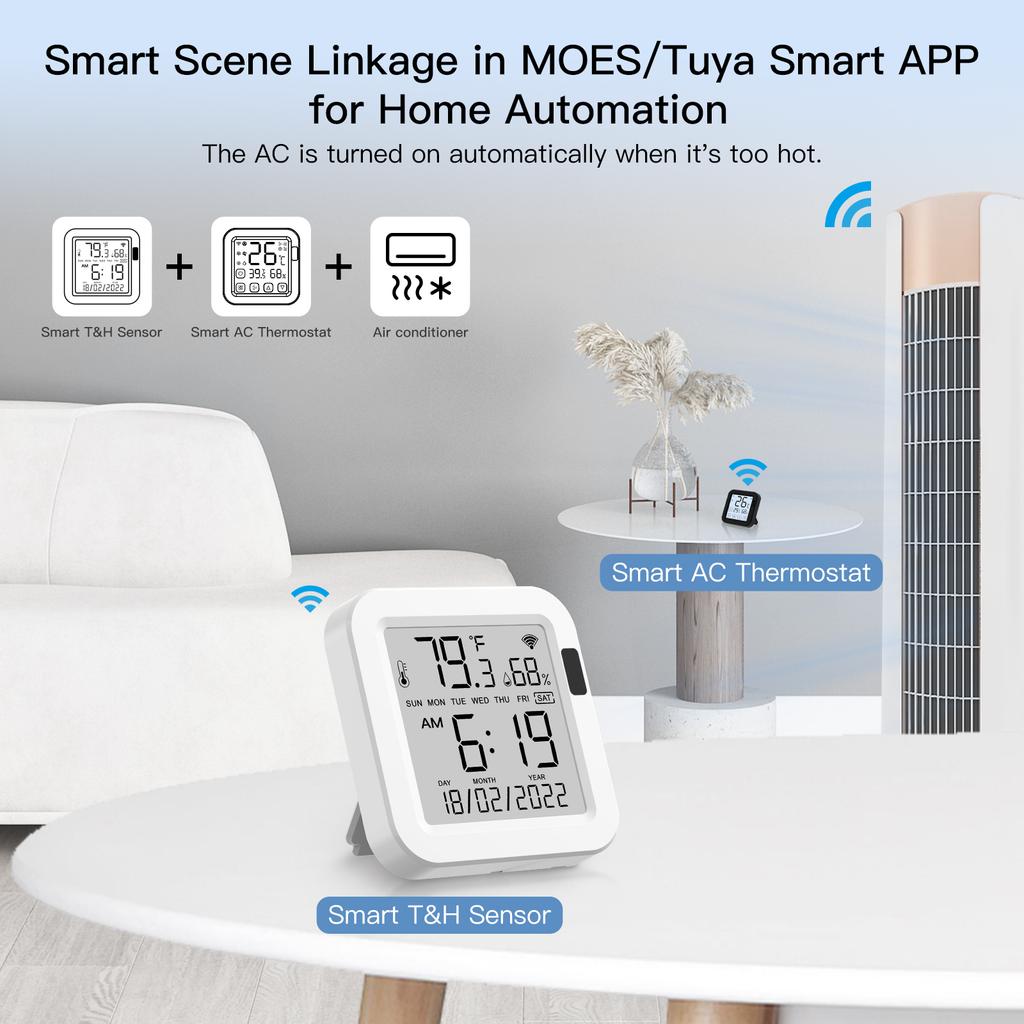 MOES WiFi Temperature & Humidity Sensor LCD Screen Infrared Sensing Backlight Smart Tuya APP Remote Control Alexa Google Voice