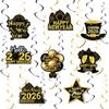 Black Gold Happy New Year 2026 Banner Decorations Hanging Bunting for Spiral Swirls New Year Party Ceiling Streamers Decorations