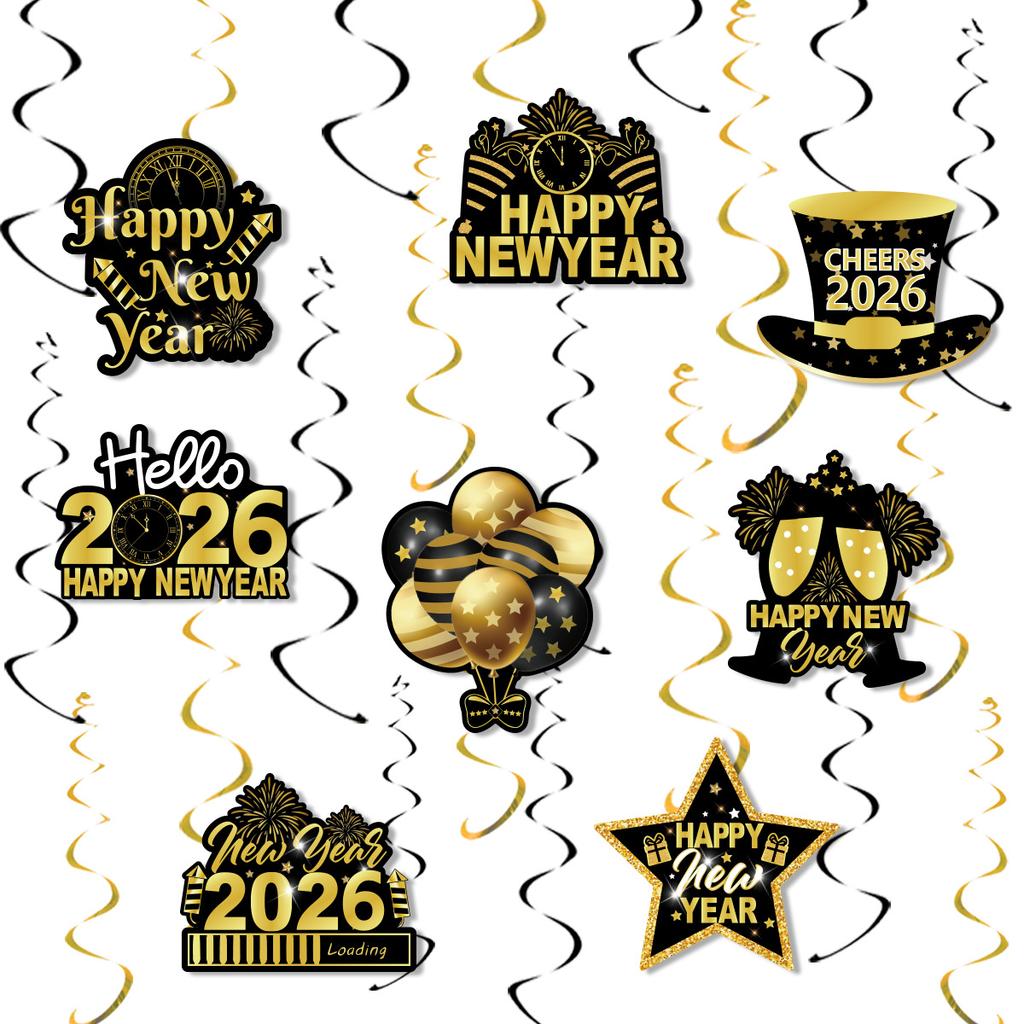 Black Gold Happy New Year 2026 Banner Decorations Hanging Bunting for Spiral Swirls New Year Party Ceiling Streamers Decorations