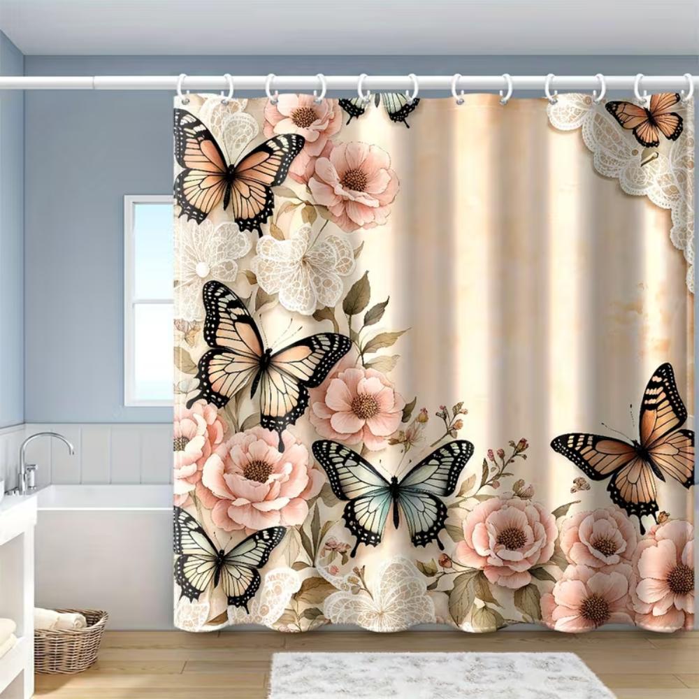 VIKAMA American Floral Butterfly Print Shower Curtain, Suitable For Bathroom Window, Bathtub Partitions, Home Decor Bath Curtain