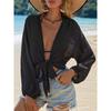 Women's Pink V-Neck Lantern Sleeve Tie-Front Cropped Kimono Cover-Up
