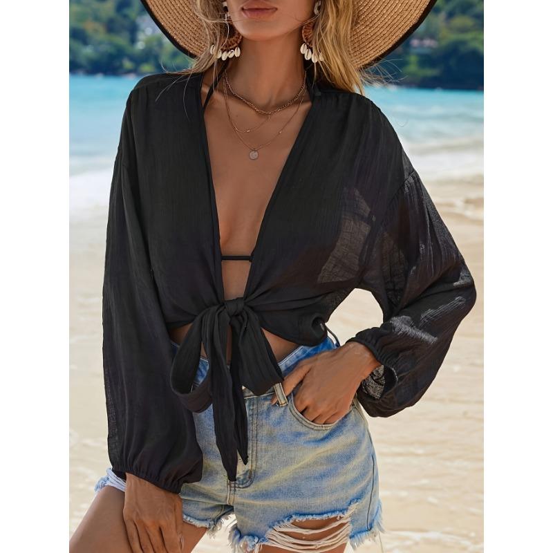 Damen Rosa V-Ausschnitt Laternenärmel Bindung vorne Cropped Kimono Überwurf