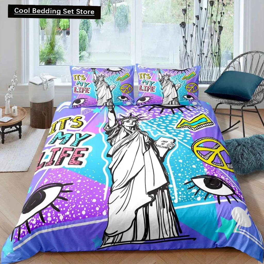 Freiheitsstatue Bettbezug Hip Hop Doppelgröße Friedenszeichen Liebesherz Bettwäscheset Amerikanische Augen Bunt Polyester Steppdecke