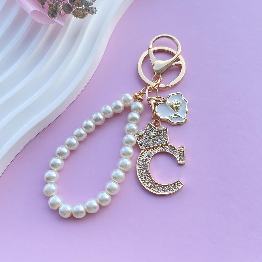 Boutique Crown A-Z 26 Initial Letters Rose Keyring Crystal Faux Pearl Resin Beaded Keychain Bag Pendant Women Girl Gifts Jewelry