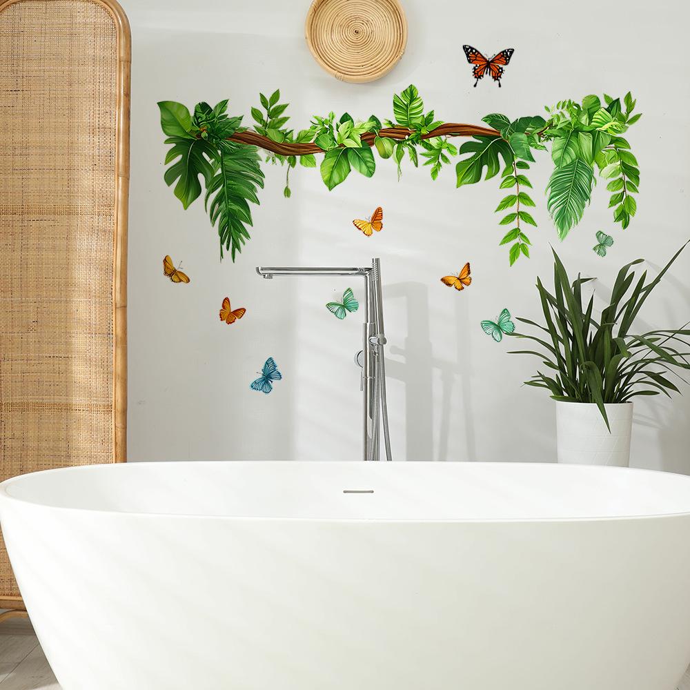 Hand-Painted Greenery and Butterfly Wall Sticker Nature-Inspired Elegant Self-Adhesive Removable Decor for Bedroom Living Room