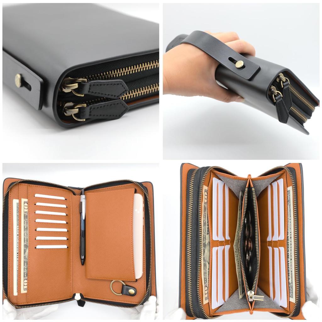 Schwarz x Braun1 Spanisches Leder Lange Geldbörse, All-in-One Geldbörse für Herren mit Griffen, Doppelter Reißverschluss, Runder Reißverschluss, Große Kapazität, Multifunktional,