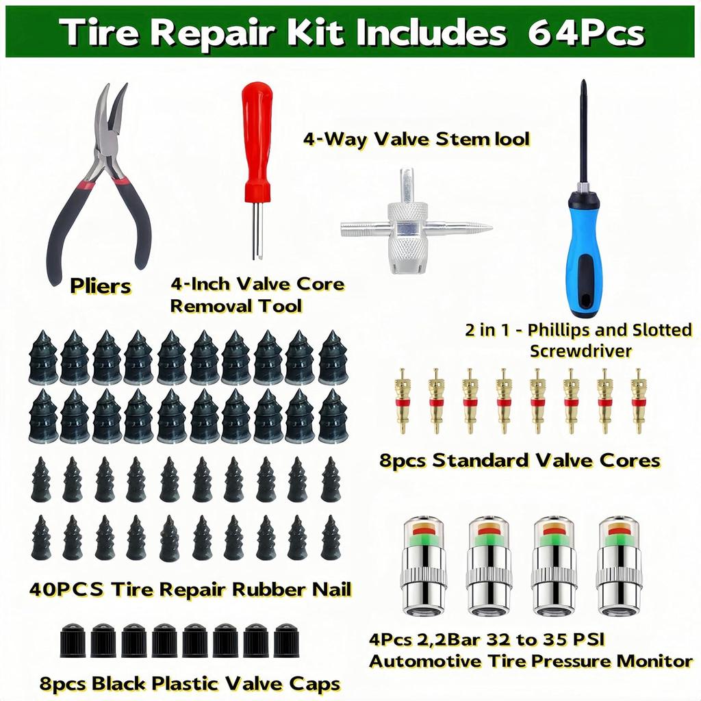 Tire Plug Kit 64 Pcs Tire Repair Rubber Nails Kit With 2 Sizes,Tire Caps With Pressure Gauge,Flat Tire Repair Kit For Car,Motorcycle,Truck,ATV,Tire