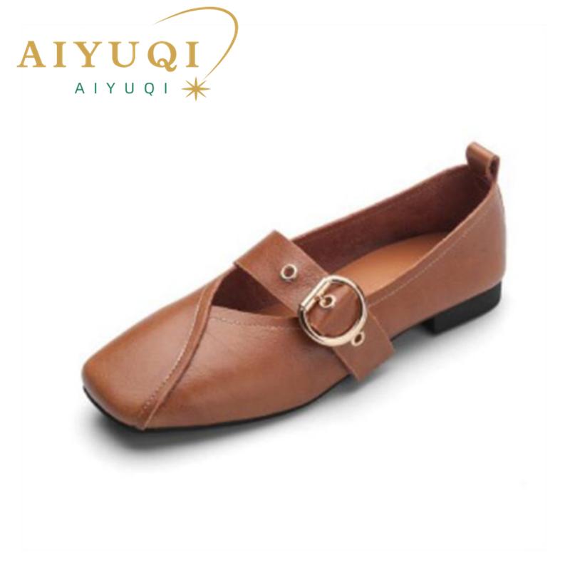 Fashion AIYUQI Ladies Spring Shoes 2025 New Genuine Leather Mother Flat Shoes Casual Large Size 41 42 43 Square Comfortable Women Shoes