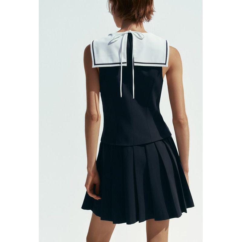 Spring and Summer Women's Clothing Navy Style Neckline Bowknot Decoration Wide Pleated V Neck Sleeveless Elegant Dress 4661393