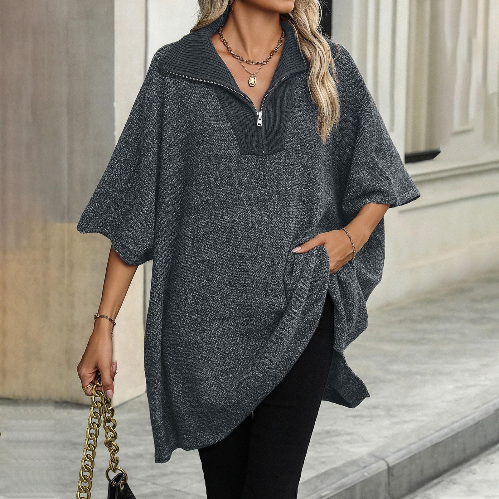 

Женский модный однотонный вязаный свитер средней длины с длинными рукавами, свитер с лацканами на молнии, топ L серый