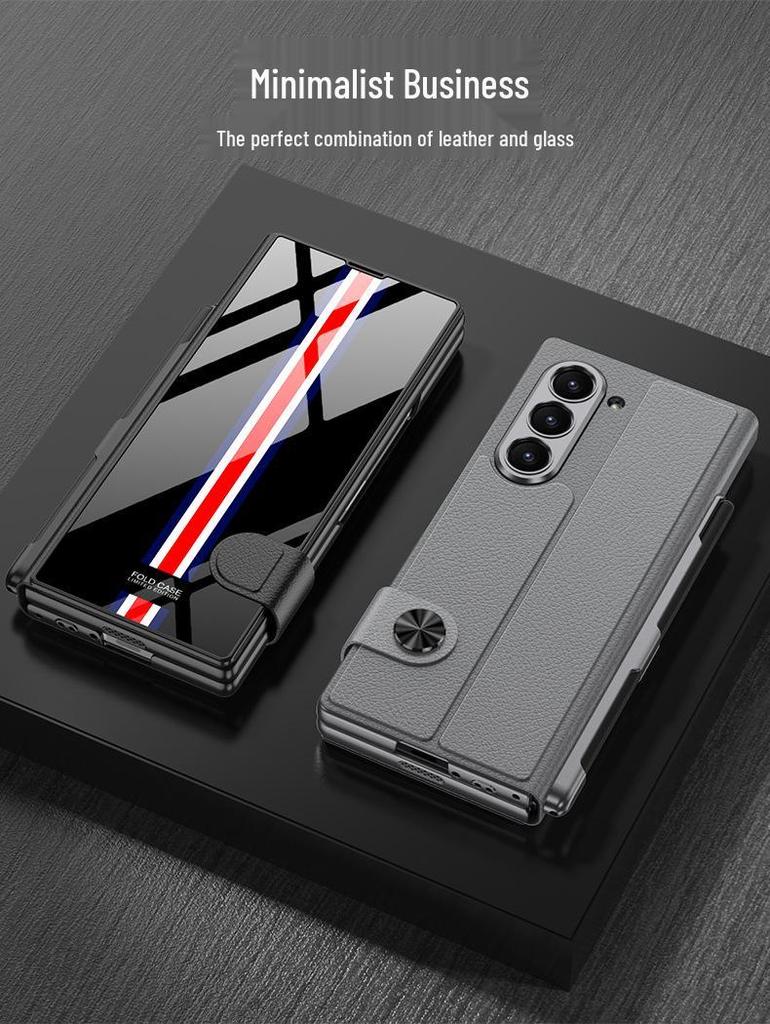 Samsung Z Fold 6 Leather Flip Case with Pen Slot and Glass Cover – Stylish and Business-Friendly.