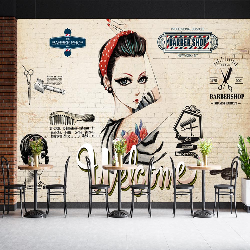 Retro Industrial Style Beauty Salon Mural Hair Salon Brick Background Wall Paper Barber Shop Decor Mural Wallpaper