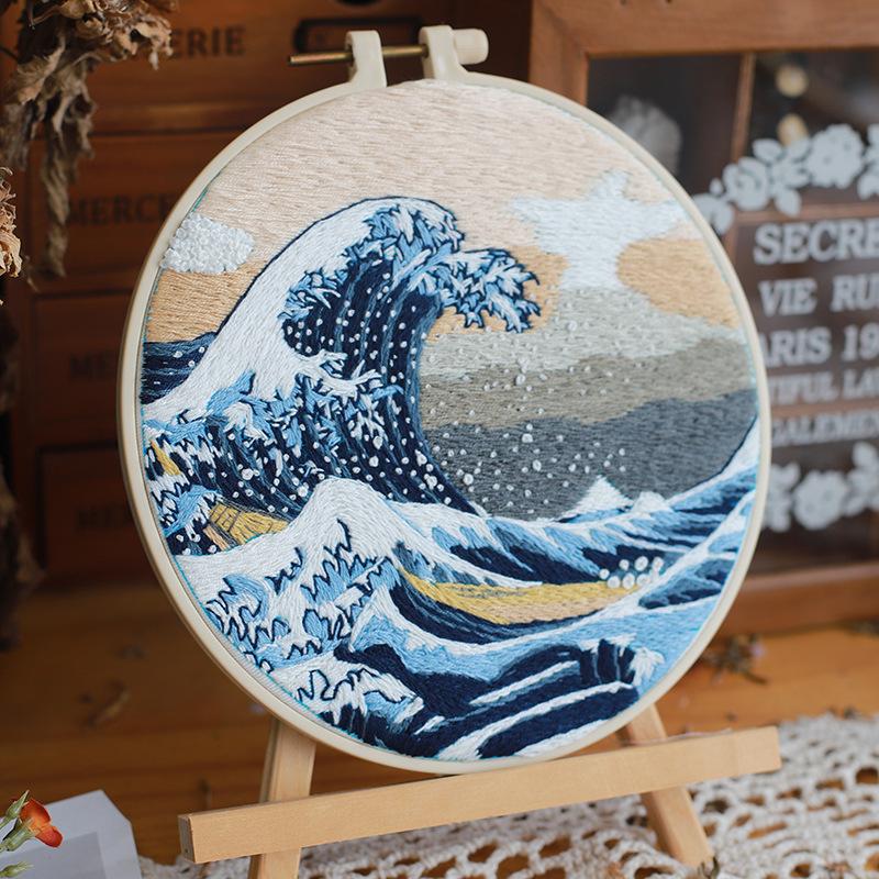1 PC Kanagawa Great Wave off Kanagawa Pattern Embroidery DIY Fabric Craft Kit with Tools