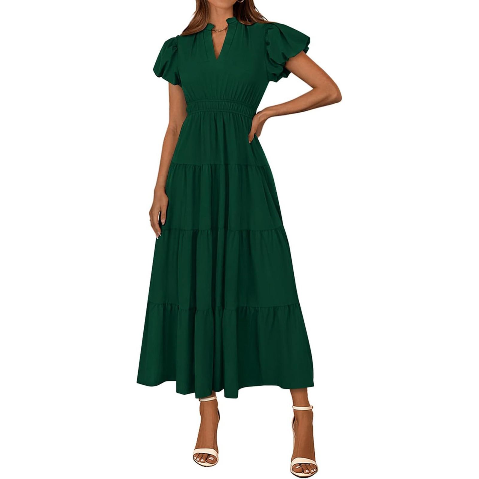 

Женские модные летние свободные платья с V-образным вырезом и рукавами-фонариками для отдыха в однотонном цвете L зелёный