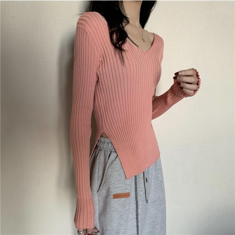 V-neck Bottom Sweater Knitwear Women's New Autumn Design Sense Slit Slim Body with Sweater Student Top