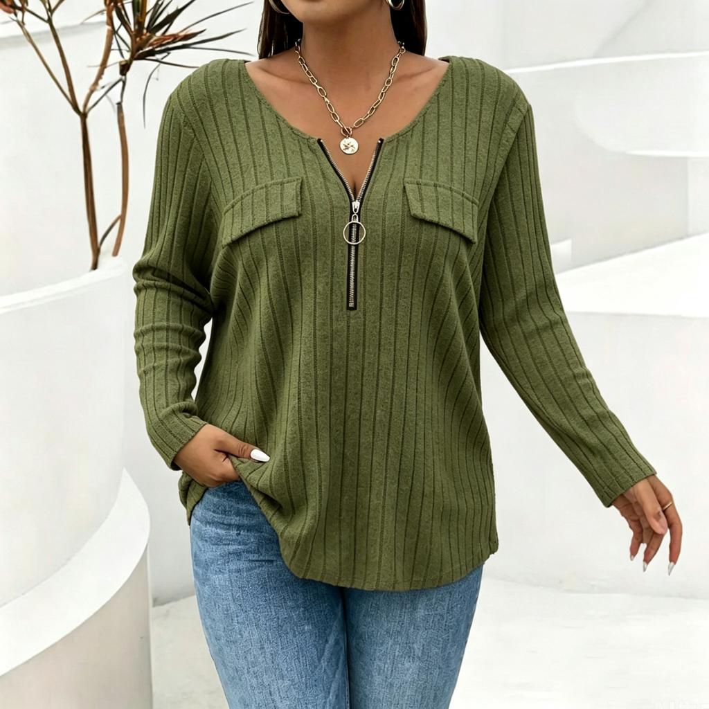 Women's Casual Ribbed Knit Long Sleeve Top with Pockets and Zip Front for Everyday Wear
