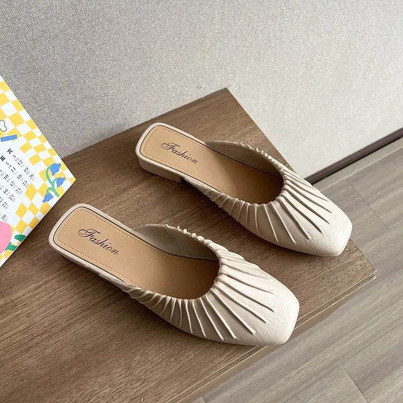 Fashion Mules Women's Slippers and Ladies Sandals Beige Indoor Home Slides Job House Flat Shoes Apricot Outside Clappers Shoe H Sandal Y
