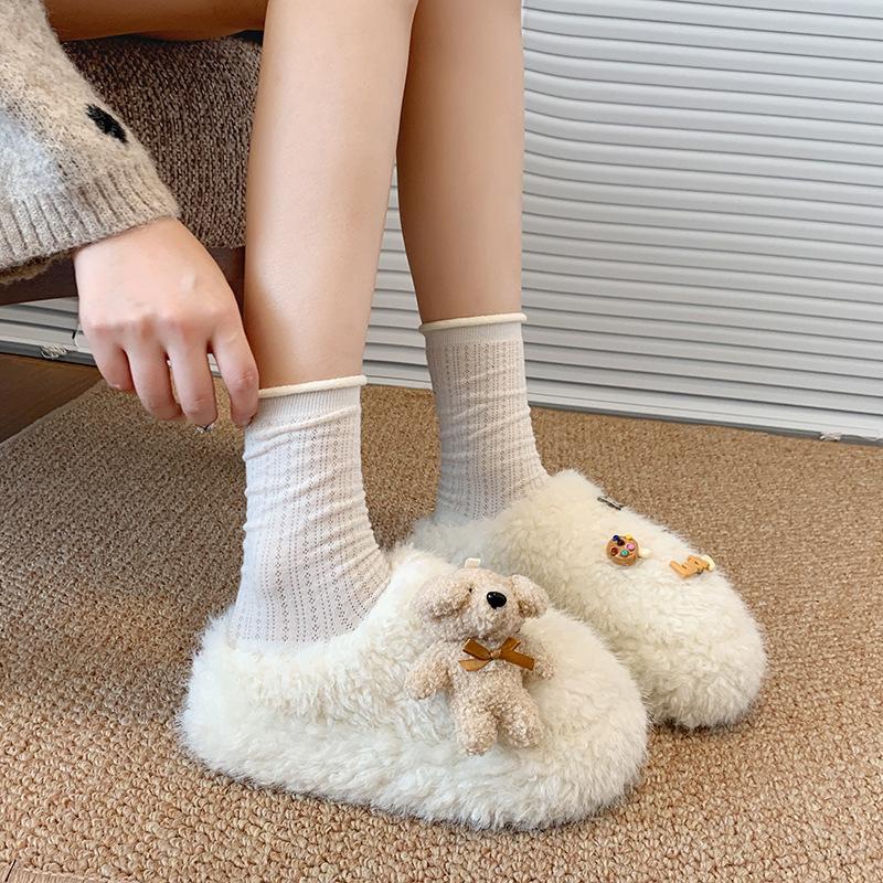 Popular fashion bow Mao Mao shoes outer wear 2025 autumn and winter new one-pedal Doudou shoes velvet cotton slippers