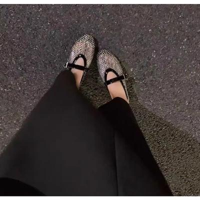 Rete Traspirante Strass Versatile da Donna Nuovo Stile Estero Nicchia Cinturino Scarpe Mary Jane a Suola Piatta Morbida Scarpe da Donna