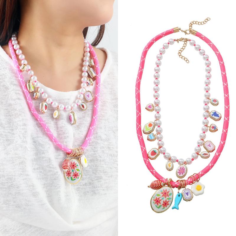 Imitation Pearl Bead Alloy Small Fish And Flower Geometric Pendant Double-Layer Necklace Set For Women Jewelry Gift