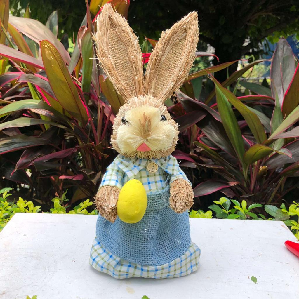 Easter Rabbit Decoration Straw Rabbit Ornament Creative Artificial Bunny Figure 25cm Home Holiday Cute with Flower Wreath