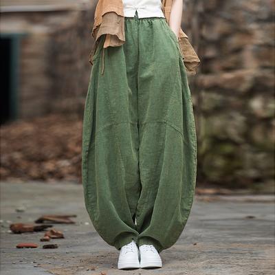 Women Vintage Ramie Wide Leg Pants Solid Color Elastic Waist Trouser Spring Patchwork Loose Women Pants