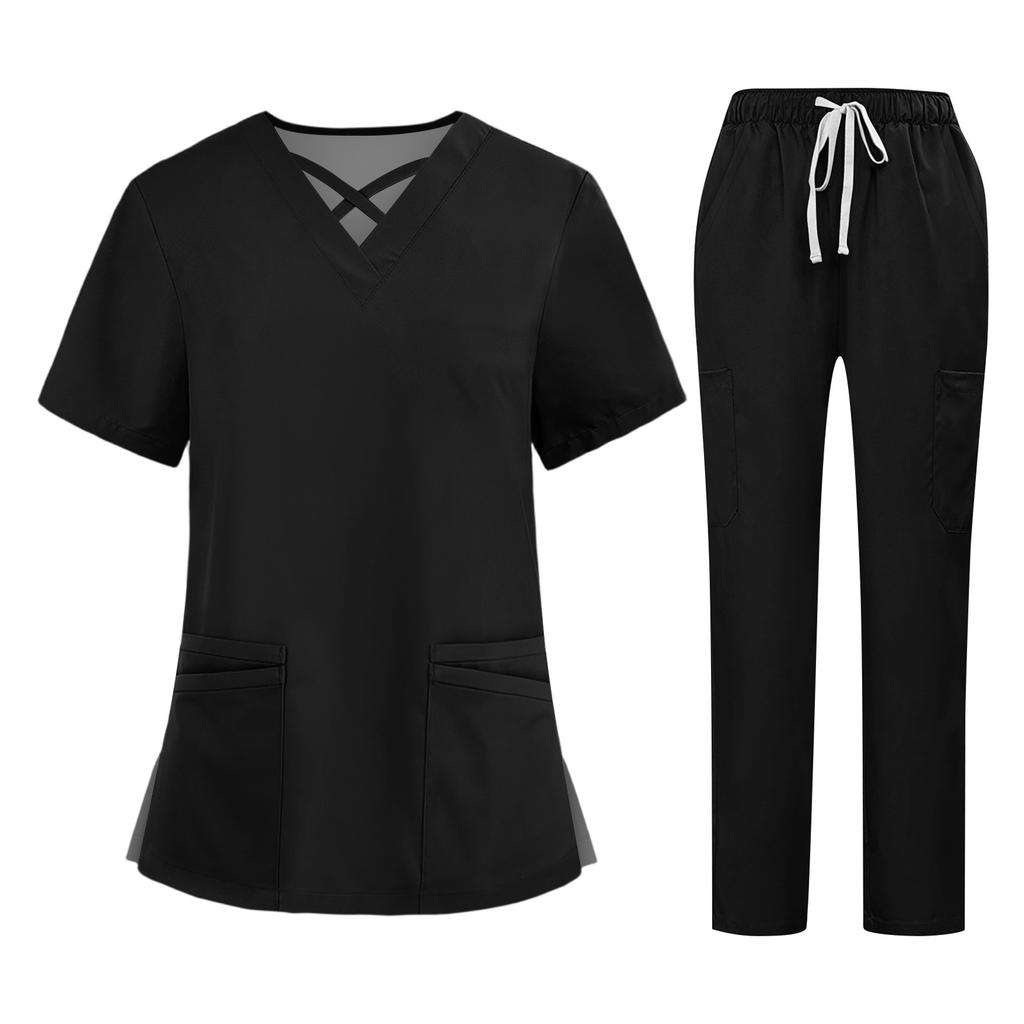 Soild Scrub Working Uniform Suit For Women's Cross V-Neck Short Sleeve Fun T-Shirts Workwear Tee With Pockets