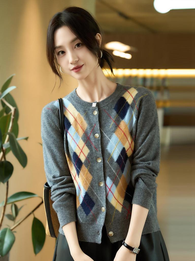 Cardigan da Donna in Cashmere Color Block Girocollo - Moda Autunno/Inverno Maglione Lavorato a Maglia a Scacchi a Rombo