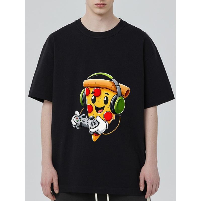 Casual T Shirt Black Pizza Gamer With Headphones And Controller Graphic For Gaming And Everyday Wear