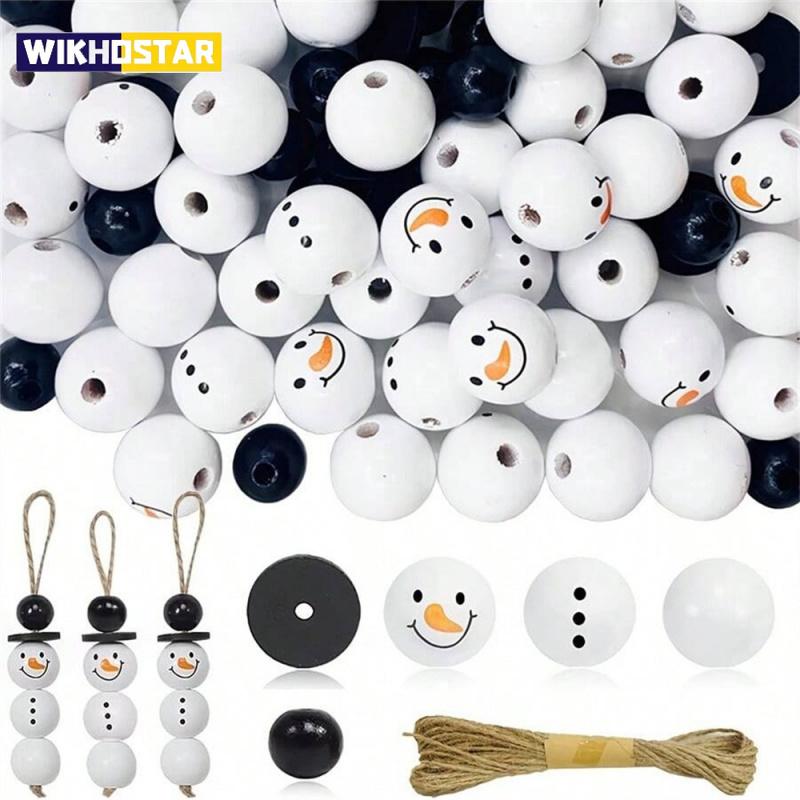 50 Pcs Christmas Snowman Wooden Beads DIY Craft Kit, Festive Decoration Set with Jute Rope, Perfect for Holiday Parties & Gifts