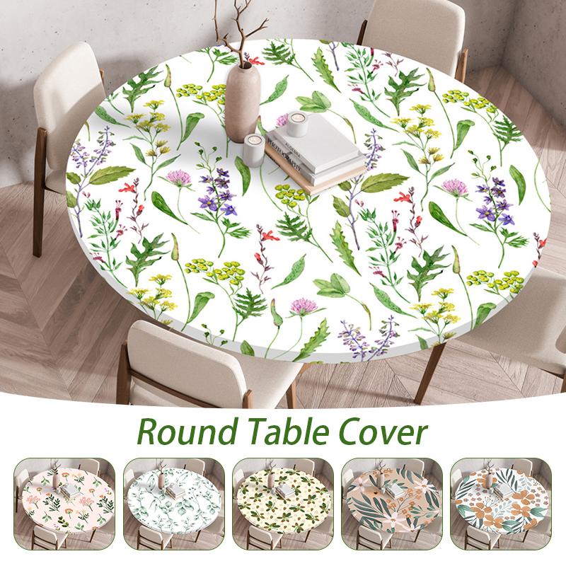 Round Table Cover Waterproof Dustproof Plant Printing Elastic Band Tablecloth Wedding Party Table Cover Kitchen Dining Decor