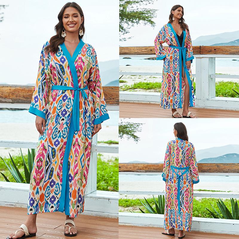 

Европейско-американская пляжная накидка тай-дай: Кардиган средней длины из вискозы для защиты от солнца для женского отпускного ношения с бикини One Size