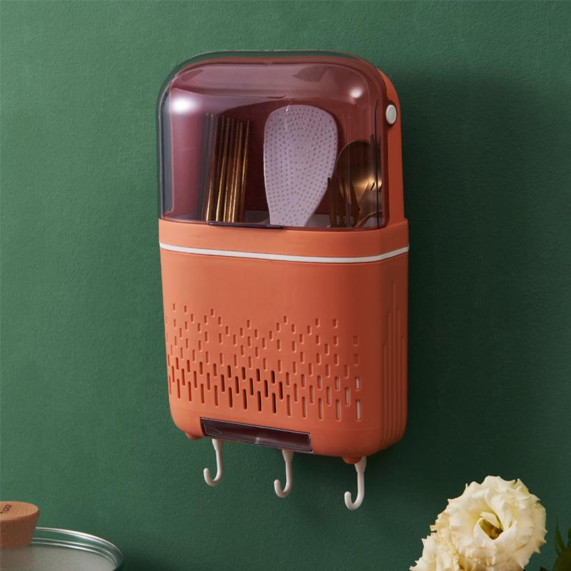 Multi-functional Dustproof Chopstick Holder Wall-Mounted Cutlery Holder Kitchen Knife Fork Spoon Container with Lid for Drainage