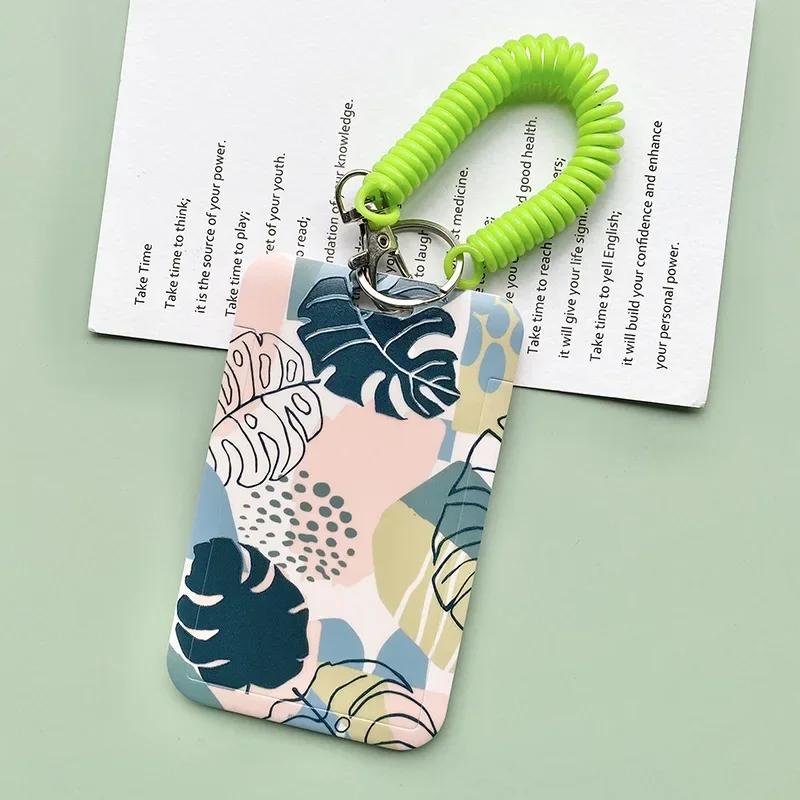 Women Green Cards Protecting Credit Card Holder with Lanyard String Student Plant Print Bus ID Name Badge Plastic Card Cover
