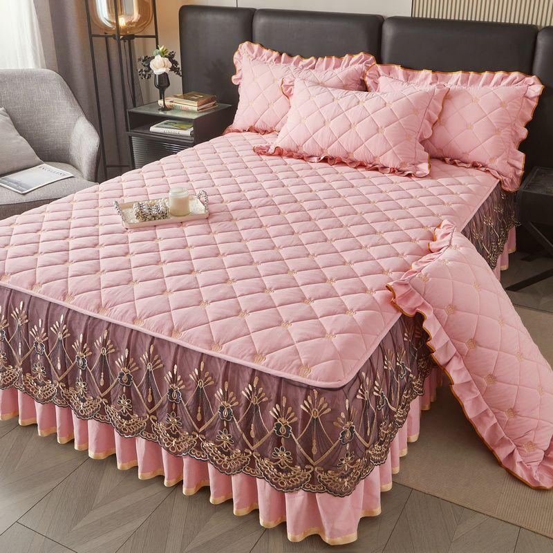 3pcs Korean Style Princess Bed Skirt Set, European Lace Edge Bedspread with Pillow Shams Contemporary Embroidered Lace Bedding Protector