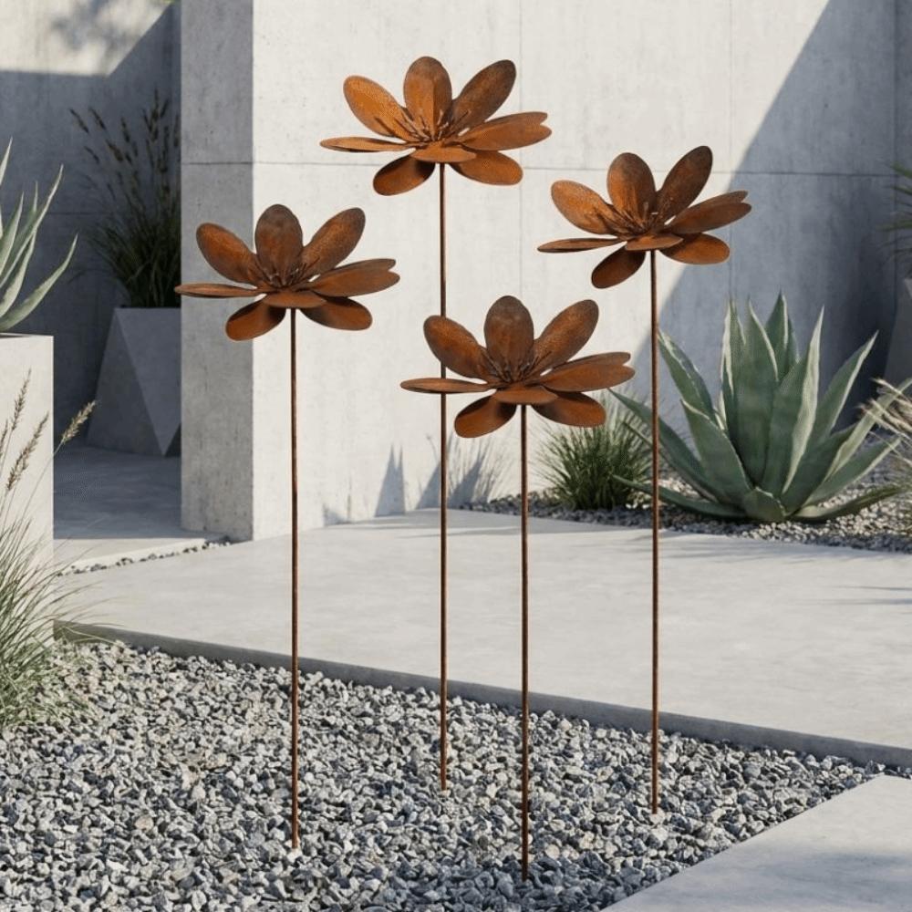 Weathered Rust Finish Metal Floral Stake Cast Iron Rustic Plant Stakes Flower Yard Art Decor Yard