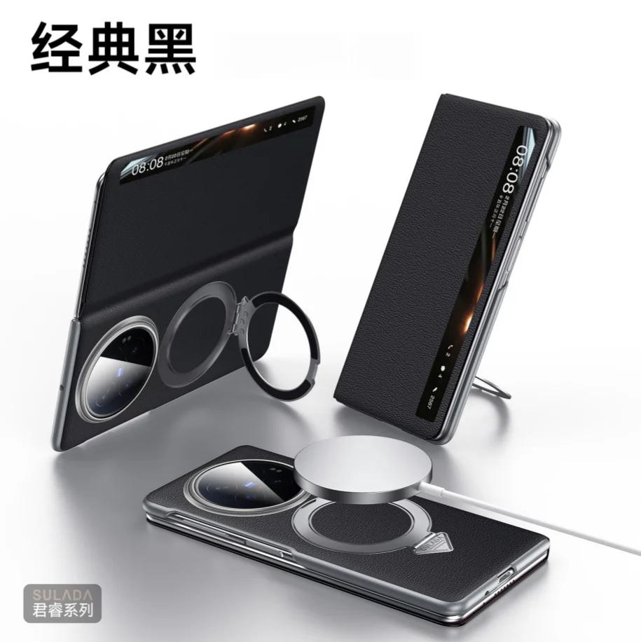 Original Luxury Genuine Leather Magnetic Case For Vivo X Fold6/Fold5/ Fold 6 5 Metal Ring Holder Bracket Window View Flip Cover