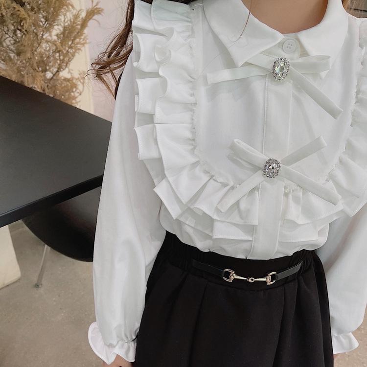 

Весна 2024 Рубашка для девочек с оборками в стиле французской принцессы, с длинным рукавом и манжетами-раструбами 130 cm