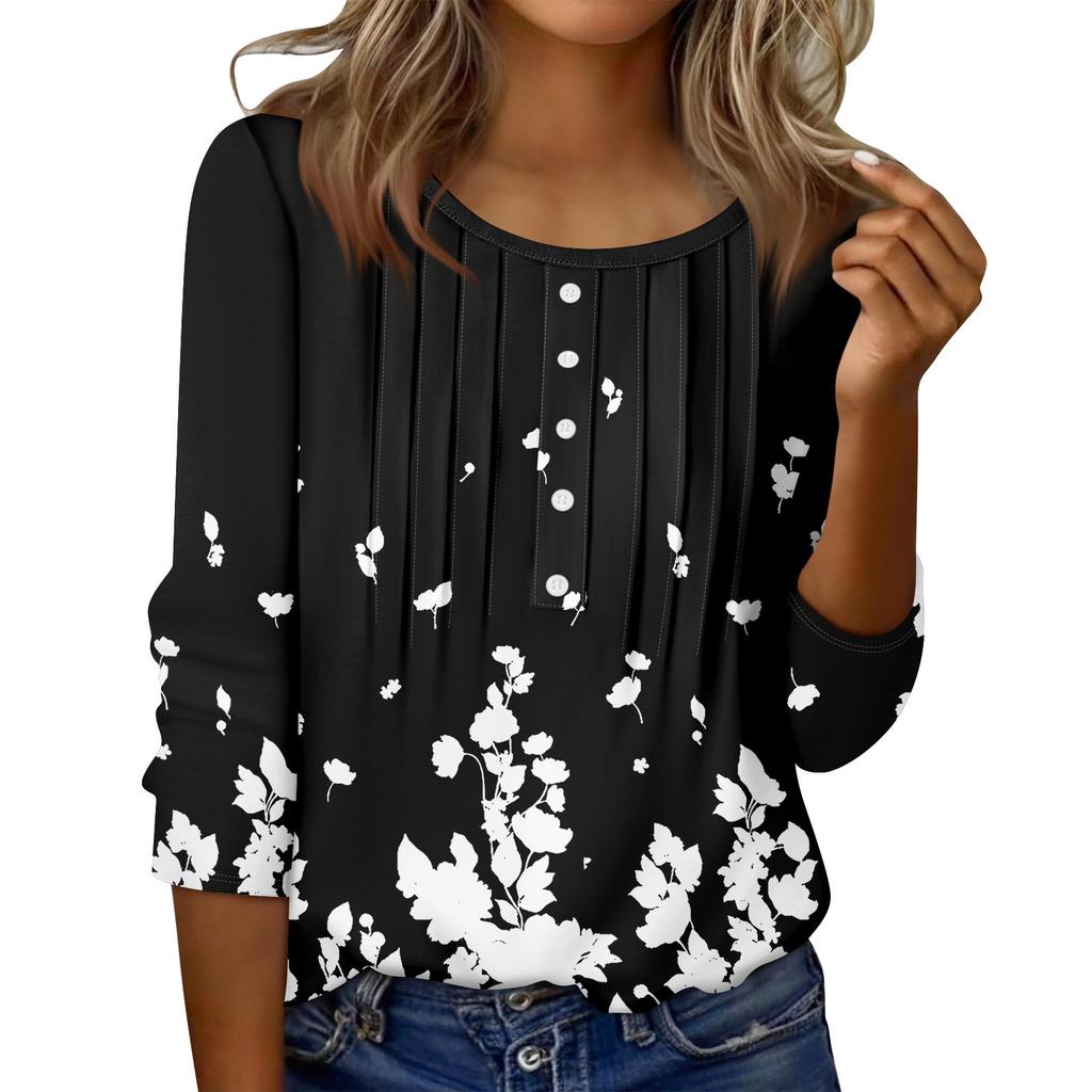Women's Round Neck Pull Stripe Decorative Button Top Casual Color 3/4 Sleeve T Shirt
