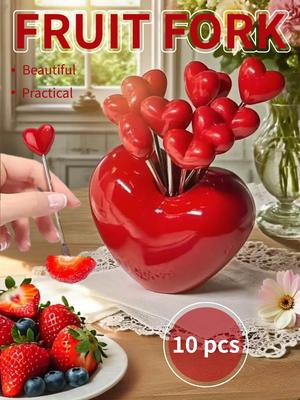 10PCS Pink Heart Fruit Fork Set with Heart-Shaped Holder - Cute Stainless Steel Dessert Forks for Fruits & Snacks