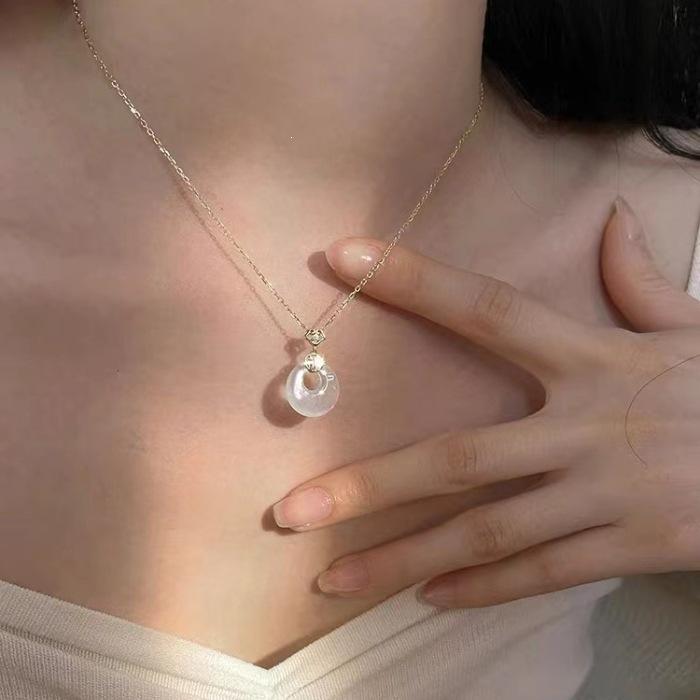 925 Sterling Silver Fu Character White Chalcedony Lychee Jelly Necklace for Women - Trendy Korean Style Clavicle Chain