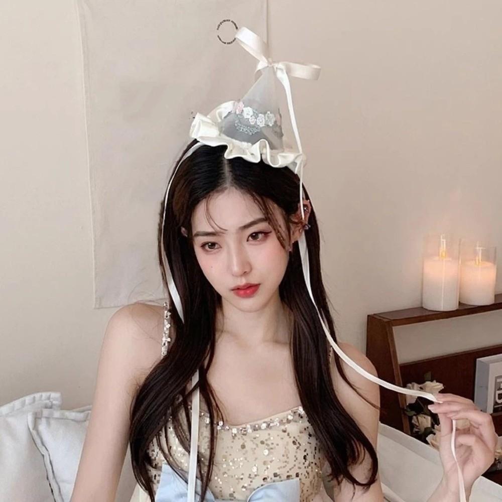 Cone Hats Flower Knot Headband Hair Clips Birthday Crown Funny Mesh Birthday Hat Sweet Girl