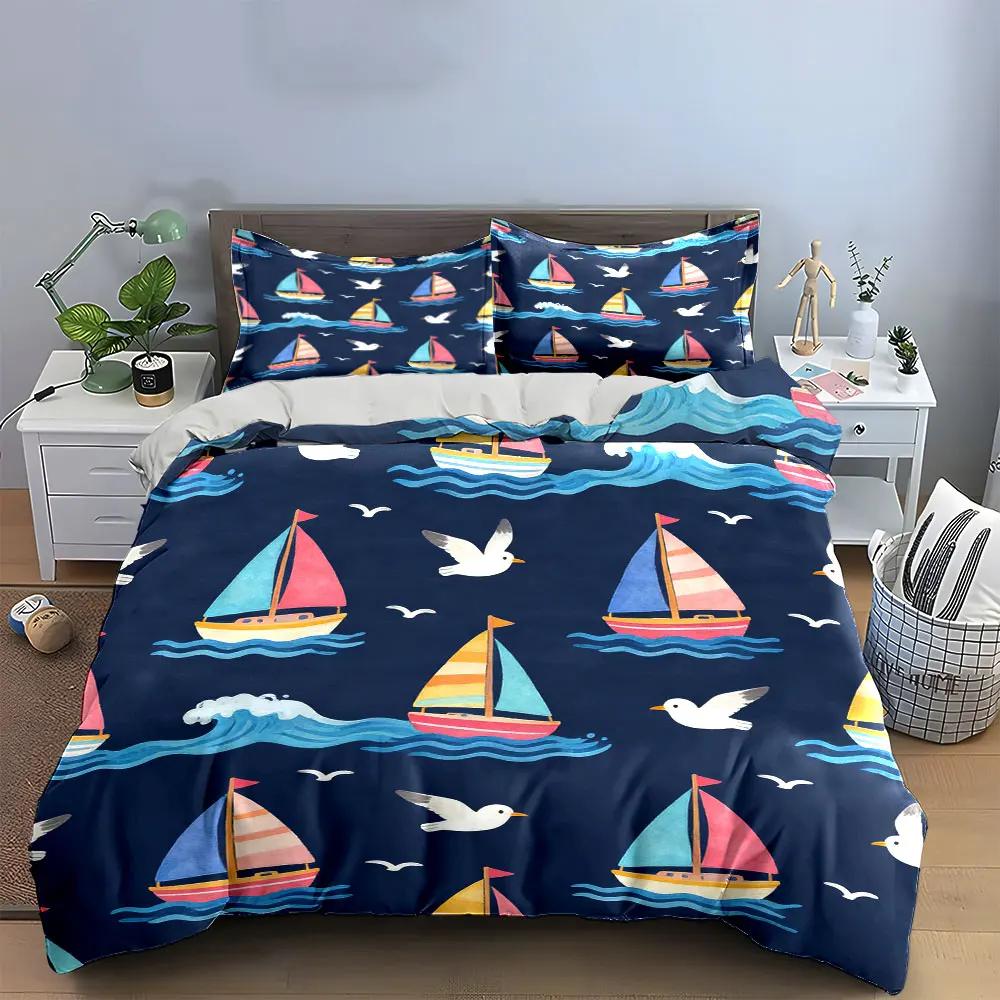 Sailboat Pattern Three-Piece Set Soft Comfortable Duvet Cover Bedding Set Included 1*Duvet Cover & 2*Pillowcases Gift