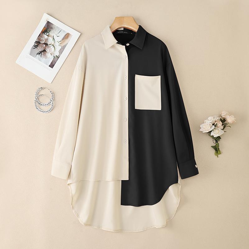 

ZANZEA Женская повседневная блузка с отложным воротником, длинными рукавами и лоскутным нерегулярным дизайном 5XL чёрный