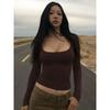 American vintage Simple Square Collar Long sleeve Bottoming Shirt Top 2025 Autumn New Gyaru Slim fit Slimming Short t-shirt