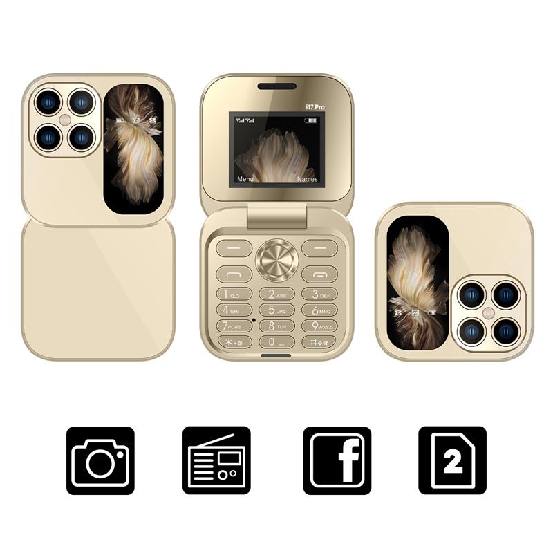 

Новый складной маленький мобильный телефон I17 Pro с 1,77-дюймовым экраном, функцией Magic Voice, слотом для двух SIM-карт 2G, FM-радио, кнопочный мини-телефон-раскладушка золотой