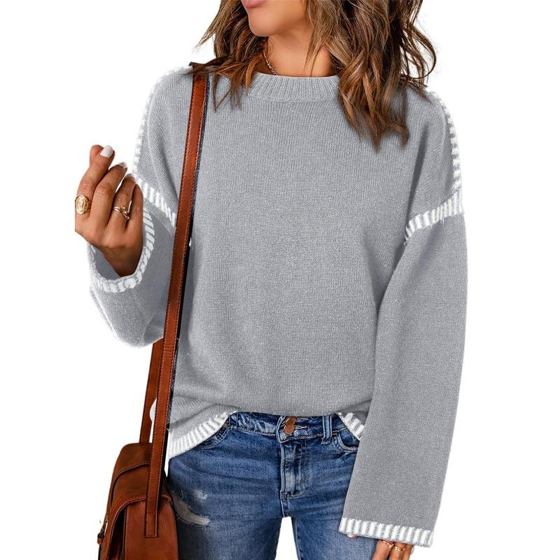 Autumn and Winter Solid Color Round Neck Loose Long Sleeved Contrasting Knitted Pullover Women's Sweaters