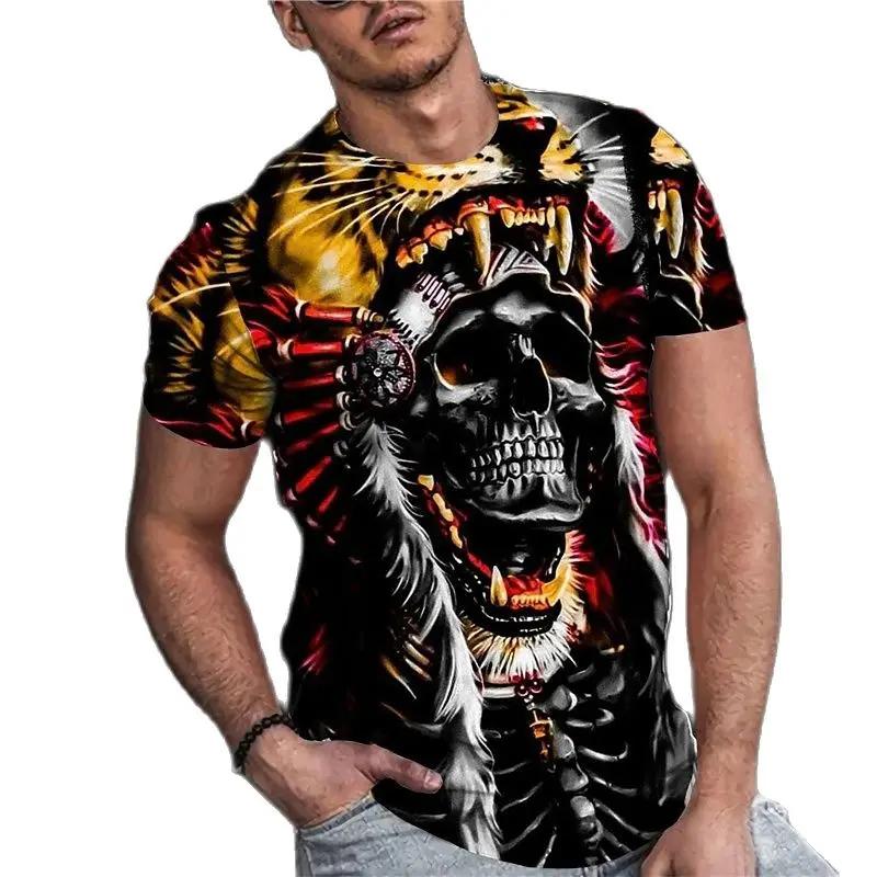 Summer Round Neck 3D Vintage Horror Skull Print Top Fashionable Casual Short Sleeved Men's T-shirts